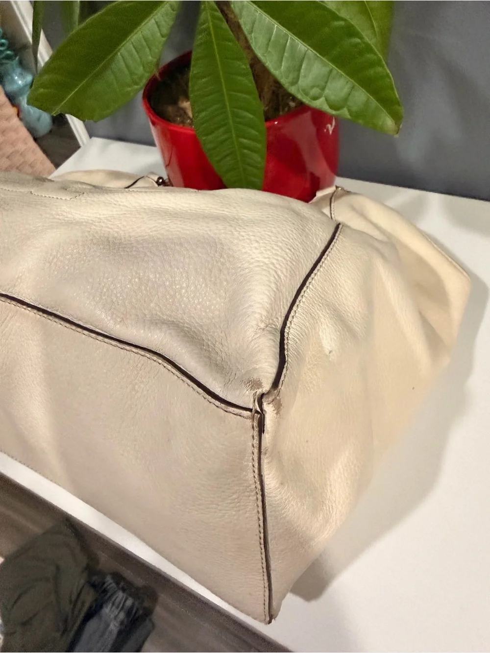 Tory Burch Ivory Pebbled Leather Logo Tote